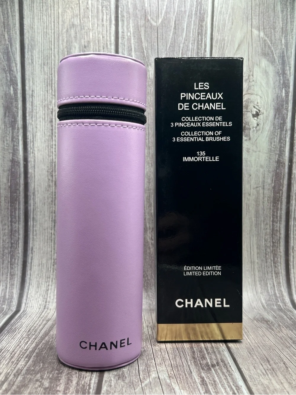 NIB CHANEL Limited Edition Set of 3 Makeup Brushes w/ Case Purple 135 Immortelle